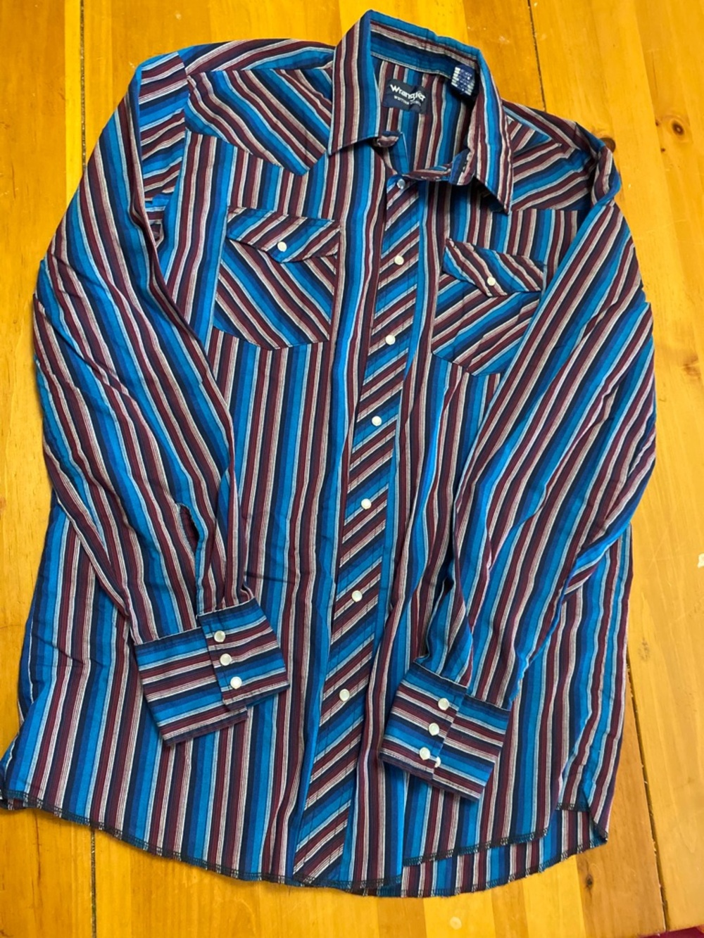 Wrangler Striped Button-Down Shirt in Blue and Burgundy
